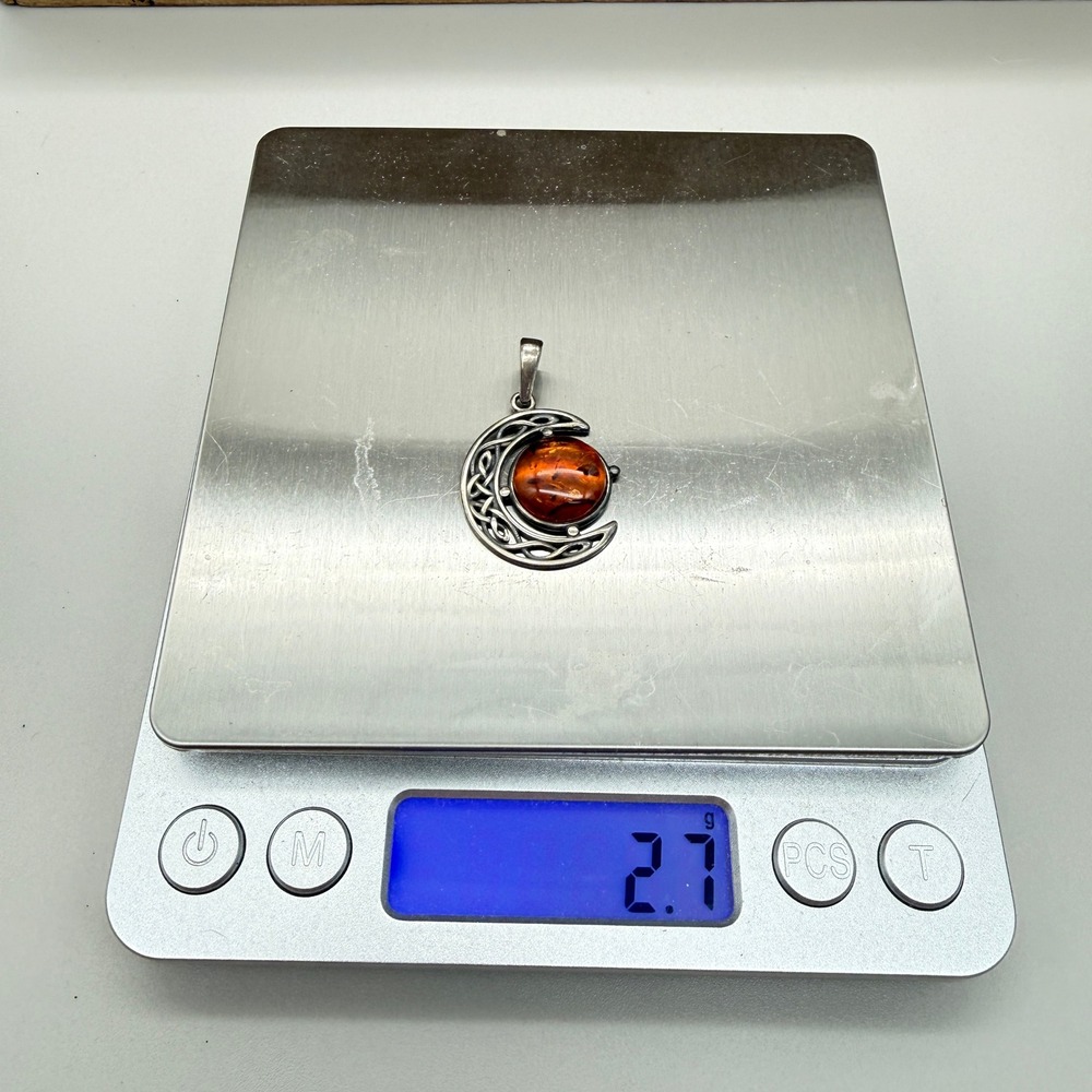 Celtic Crescent Moon Amber Pendant Sterling Silver 925 Cognac Cabochon - Picture 6 of 7